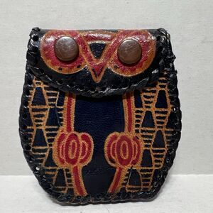 Owl Vintage Coin Purse Hand Made Leather Face Pouch Snap Closure Red Navy Brown